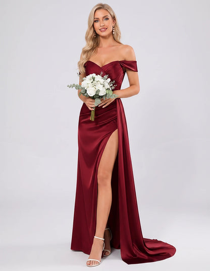 Polyester Satin Off-the-Shoulder Sweetheart A-Line Maxi Evening Dress for Party, Cocktail, Wedding Guest, Formal Events & Sum