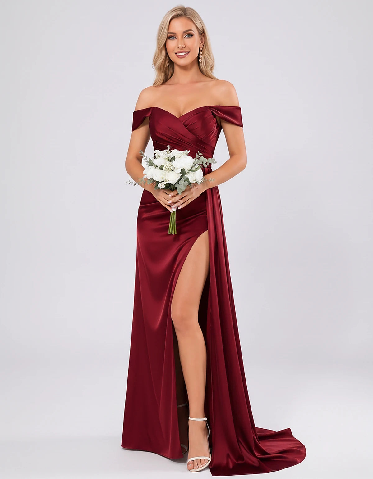 Polyester Satin Off-the-Shoulder Sweetheart A-Line Maxi Evening Dress for Party, Cocktail, Wedding Guest, Formal Events & Sum