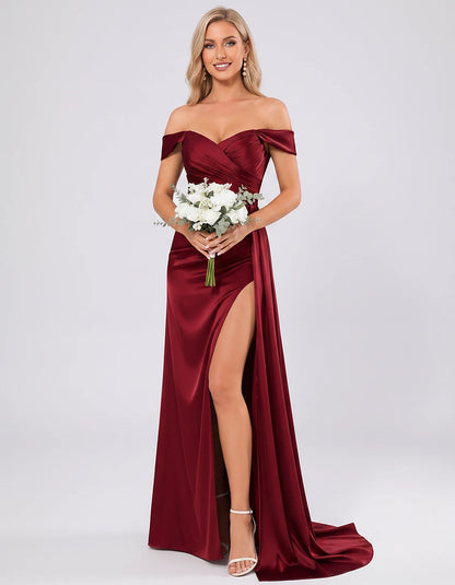 Polyester Satin Off-the-Shoulder Sweetheart A-Line Maxi Evening Dress for Party, Cocktail, Wedding Guest, Formal Events & Sum