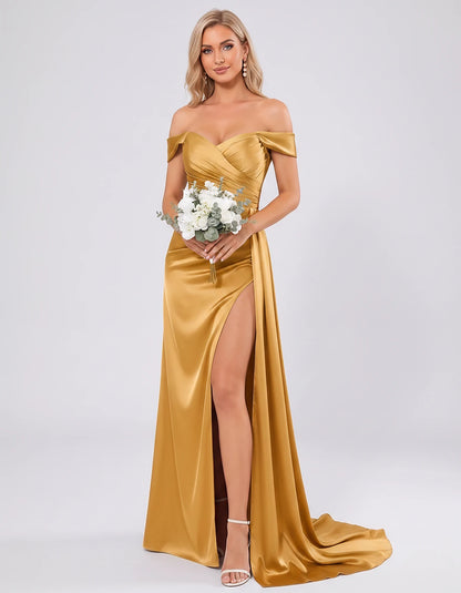 Polyester Satin Off-the-Shoulder Sweetheart A-Line Maxi Evening Dress for Party, Cocktail, Wedding Guest, Formal Events & Sum
