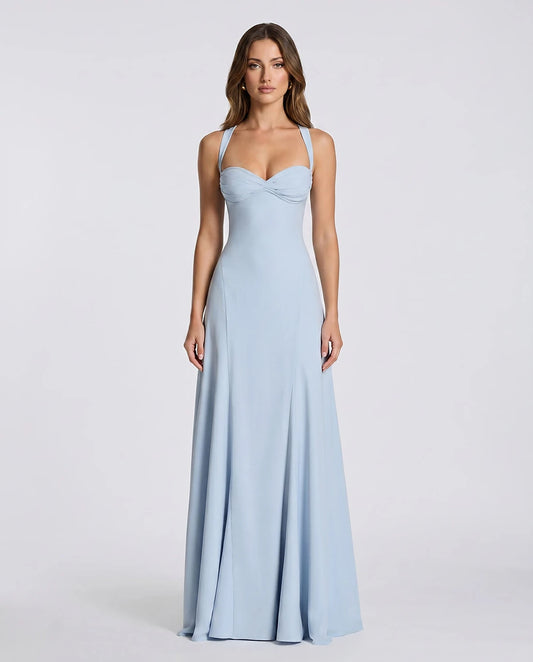 Blue,yellow,black,white Satin Mermaid V-Neck Spaghetti Strap Maxi Dress | Formal Events, Celebrations & Wedding Season, front