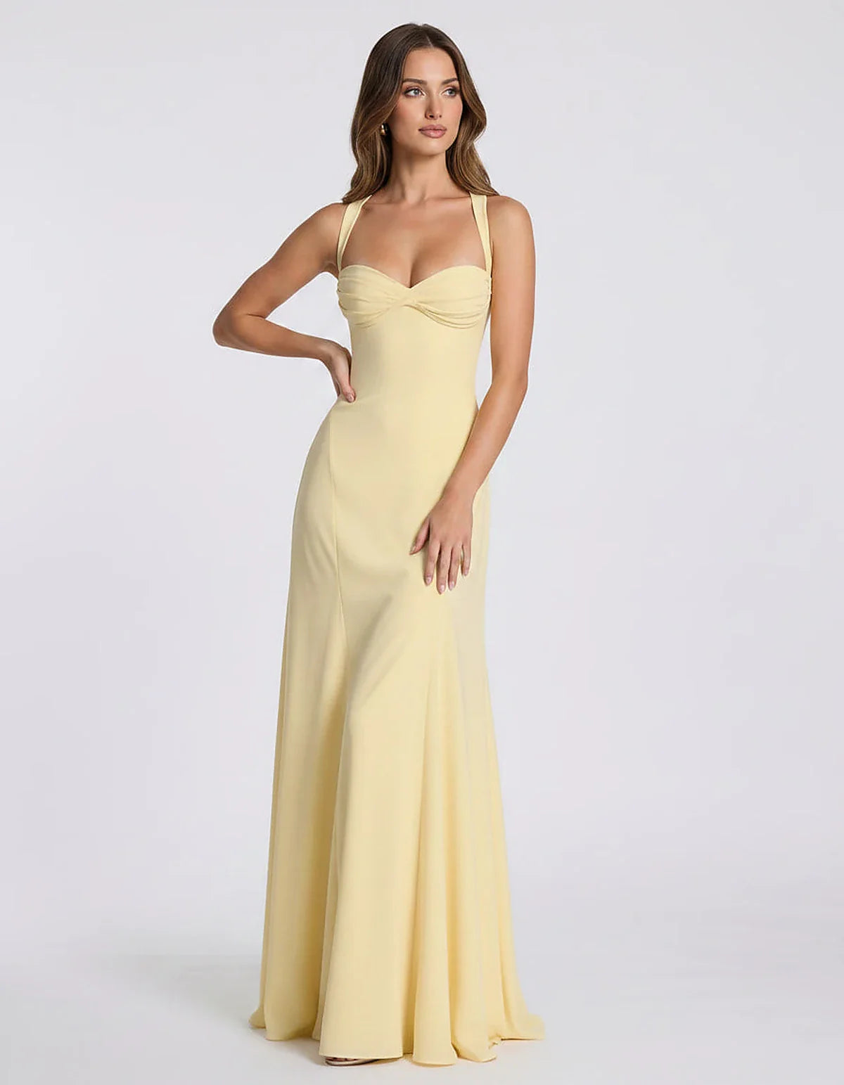 Blue,yellow,black,white Satin Mermaid V-Neck Spaghetti Strap Maxi Dress | Formal Events, Celebrations & Wedding Season, front | SKU: VM-483920174615208-YELLOW-L,VM-483920174615208-YELLOW-M,VM-483920174615208-YELLOW-S,VM-483920174615208-YELLOW-XL,VM-483920174615208-YELLOW-XS