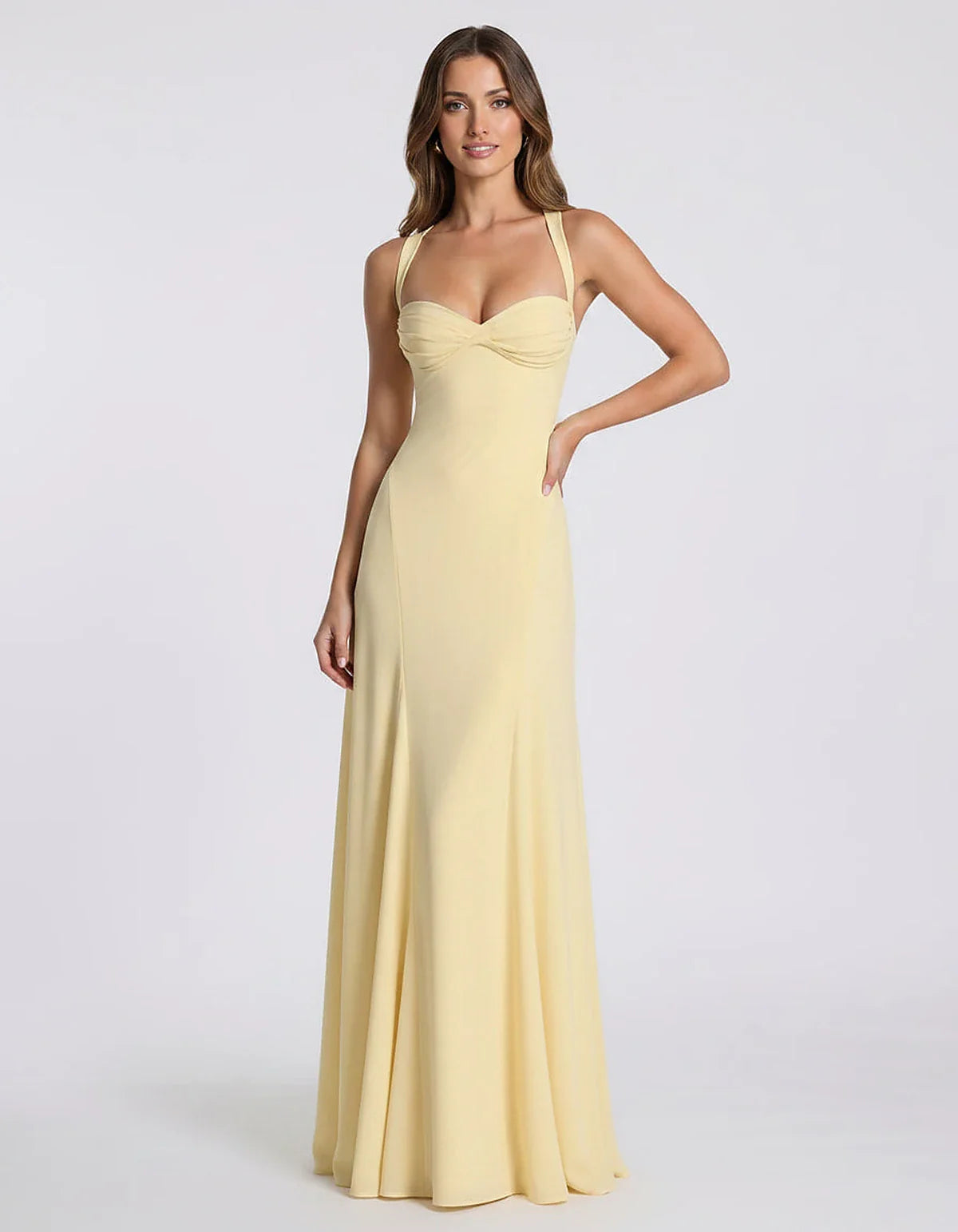 Blue,yellow,black,white Satin Mermaid V-Neck Spaghetti Strap Maxi Dress | Formal Events, Celebrations & Wedding Season, front | SKU: VM-483920174615208-YELLOW-L,VM-483920174615208-YELLOW-M,VM-483920174615208-YELLOW-S,VM-483920174615208-YELLOW-XL,VM-483920174615208-YELLOW-XS