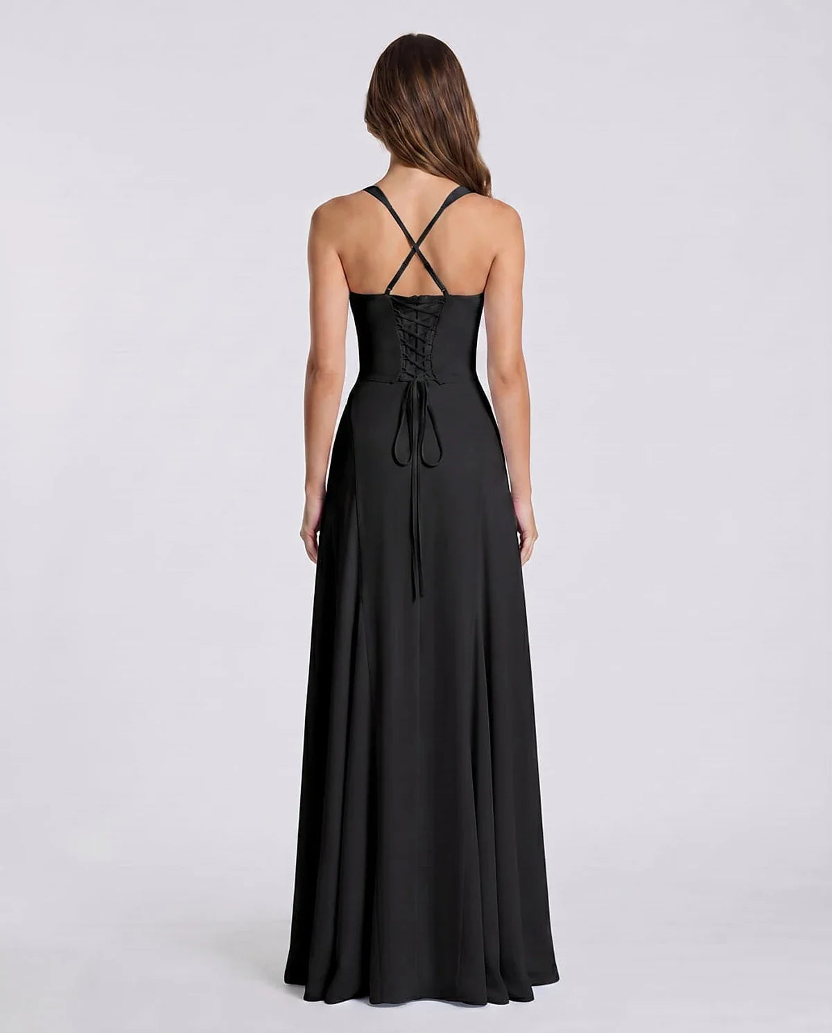Blue,yellow,black,white Satin Mermaid V-Neck Spaghetti Strap Maxi Dress | Formal Events, Celebrations & Wedding Season, back | SKU: VM-483920174615208-BLACK-L,VM-483920174615208-BLACK-M,VM-483920174615208-BLACK-S,VM-483920174615208-BLACK-XL,VM-483920174615208-BLACK-XS
