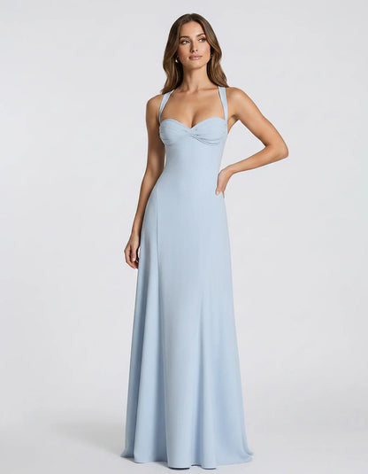 Blue,yellow,black,white Satin Mermaid V-Neck Spaghetti Strap Maxi Dress | Formal Events, Celebrations & Wedding Season, front | SKU: VM-483920174615208-BLUE-L,VM-483920174615208-BLUE-M,VM-483920174615208-BLUE-S,VM-483920174615208-BLUE-XL,VM-483920174615208-BLUE-XS