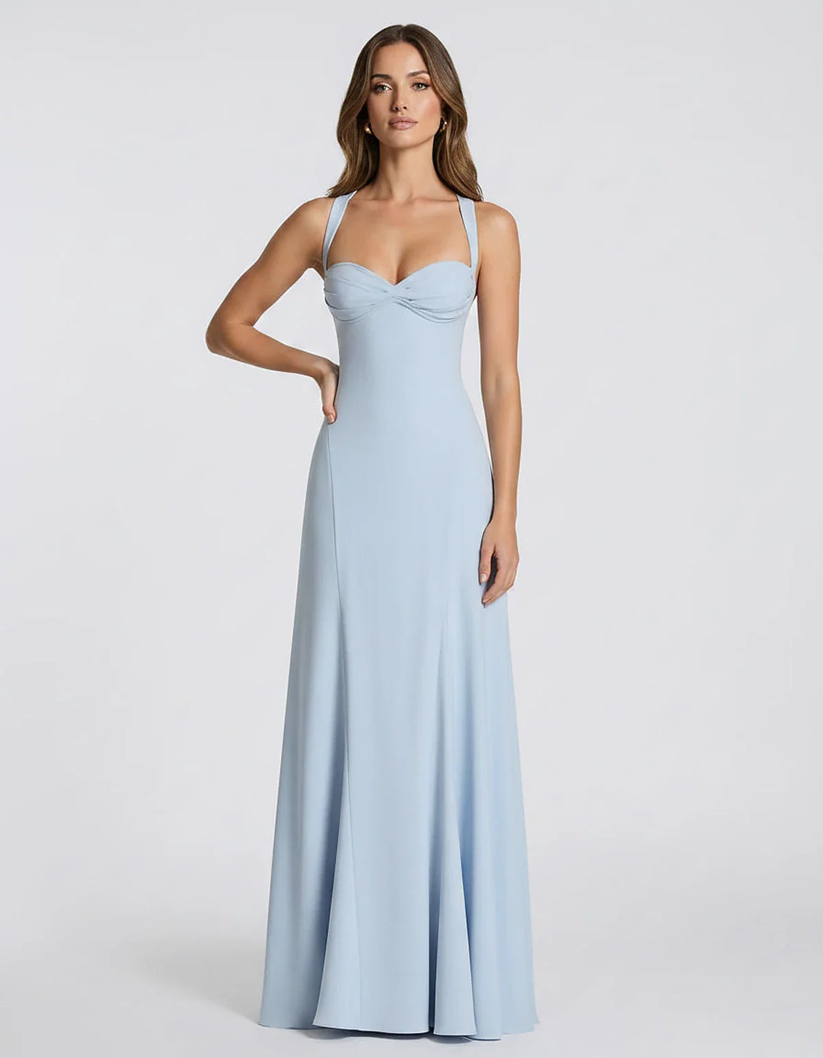 Blue,yellow,black,white Satin Mermaid V-Neck Spaghetti Strap Maxi Dress | Formal Events, Celebrations & Wedding Season, front | SKU: VM-483920174615208-BLUE-L,VM-483920174615208-BLUE-M,VM-483920174615208-BLUE-S,VM-483920174615208-BLUE-XL,VM-483920174615208-BLUE-XS