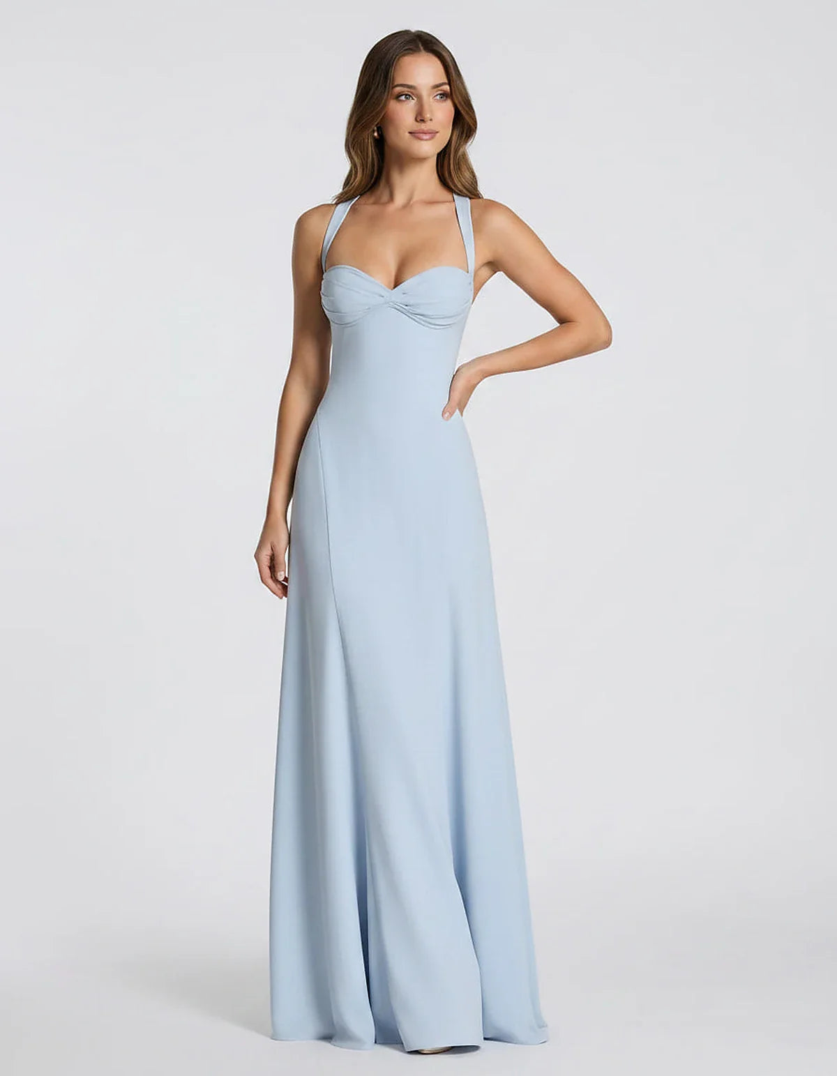 Blue,yellow,black,white Satin Mermaid V-Neck Spaghetti Strap Maxi Dress | Formal Events, Celebrations & Wedding Season, front | SKU: VM-483920174615208-BLUE-L,VM-483920174615208-BLUE-M,VM-483920174615208-BLUE-S,VM-483920174615208-BLUE-XL,VM-483920174615208-BLUE-XS