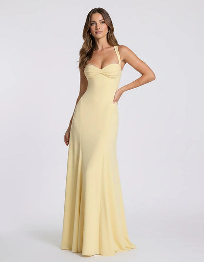 Blue,yellow,black,white Satin Mermaid V-Neck Spaghetti Strap Maxi Dress | Formal Events, Celebrations & Wedding Season, front | SKU: VM-483920174615208-YELLOW-L,VM-483920174615208-YELLOW-M,VM-483920174615208-YELLOW-S,VM-483920174615208-YELLOW-XL,VM-483920174615208-YELLOW-XS