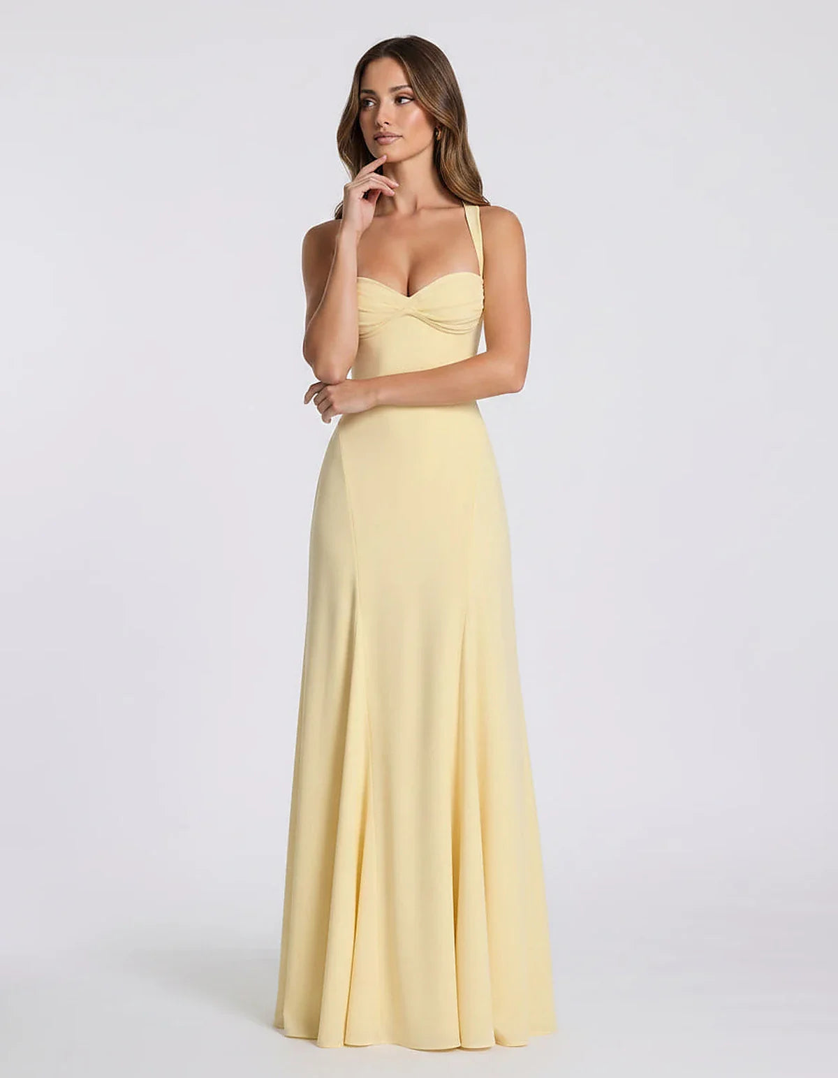 Blue,yellow,black,white Satin Mermaid V-Neck Spaghetti Strap Maxi Dress | Formal Events, Celebrations & Wedding Season, front | SKU: VM-483920174615208-YELLOW-L,VM-483920174615208-YELLOW-M,VM-483920174615208-YELLOW-S,VM-483920174615208-YELLOW-XL,VM-483920174615208-YELLOW-XS