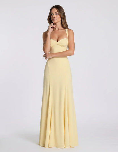 Blue,yellow,black,white Satin Mermaid V-Neck Spaghetti Strap Maxi Dress | Formal Events, Celebrations & Wedding Season, front | SKU: VM-483920174615208-YELLOW-L,VM-483920174615208-YELLOW-M,VM-483920174615208-YELLOW-S,VM-483920174615208-YELLOW-XL,VM-483920174615208-YELLOW-XS