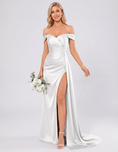 Polyester Satin Off-the-Shoulder Sweetheart A-Line Maxi Evening Dress for Party, Cocktail, Wedding Guest, Formal Events & Sum