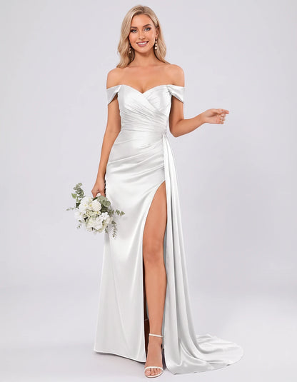 Polyester Satin Off-the-Shoulder Sweetheart A-Line Maxi Evening Dress for Party, Cocktail, Wedding Guest, Formal Events & Sum