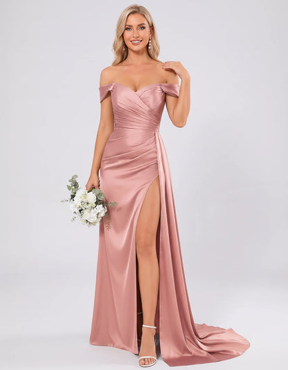 Polyester Satin Off-the-Shoulder Sweetheart A-Line Maxi Evening Dress for Party, Cocktail, Wedding Guest, Formal Events & Sum