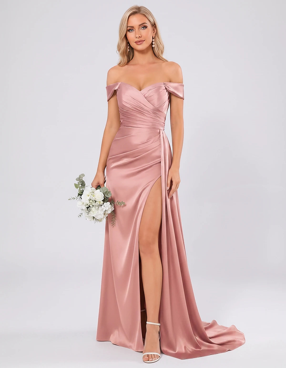 Polyester Satin Off-the-Shoulder Sweetheart A-Line Maxi Evening Dress for Party, Cocktail, Wedding Guest, Formal Events & Sum