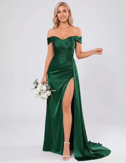 Polyester Satin Off-the-Shoulder Sweetheart A-Line Maxi Evening Dress for Party, Cocktail, Wedding Guest, Formal Events & Sum