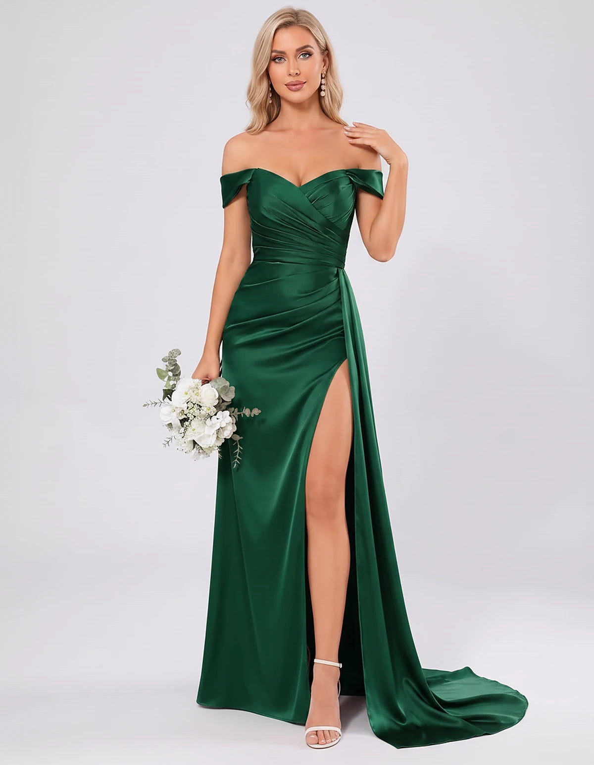 Polyester Satin Off-the-Shoulder Sweetheart A-Line Maxi Evening Dress for Party, Cocktail, Wedding Guest, Formal Events & Sum
