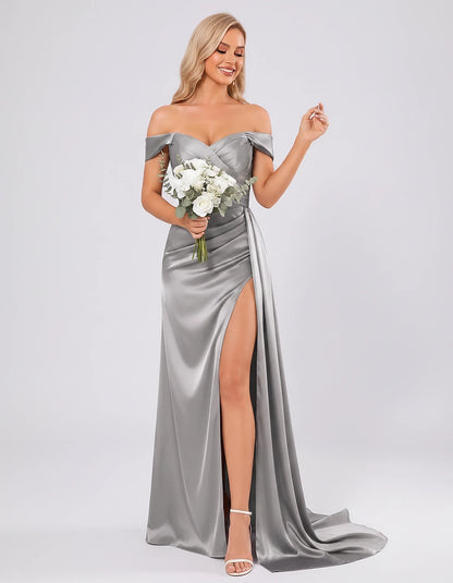 Polyester Satin Off-the-Shoulder Sweetheart A-Line Maxi Evening Dress for Party, Cocktail, Wedding Guest, Formal Events & Sum