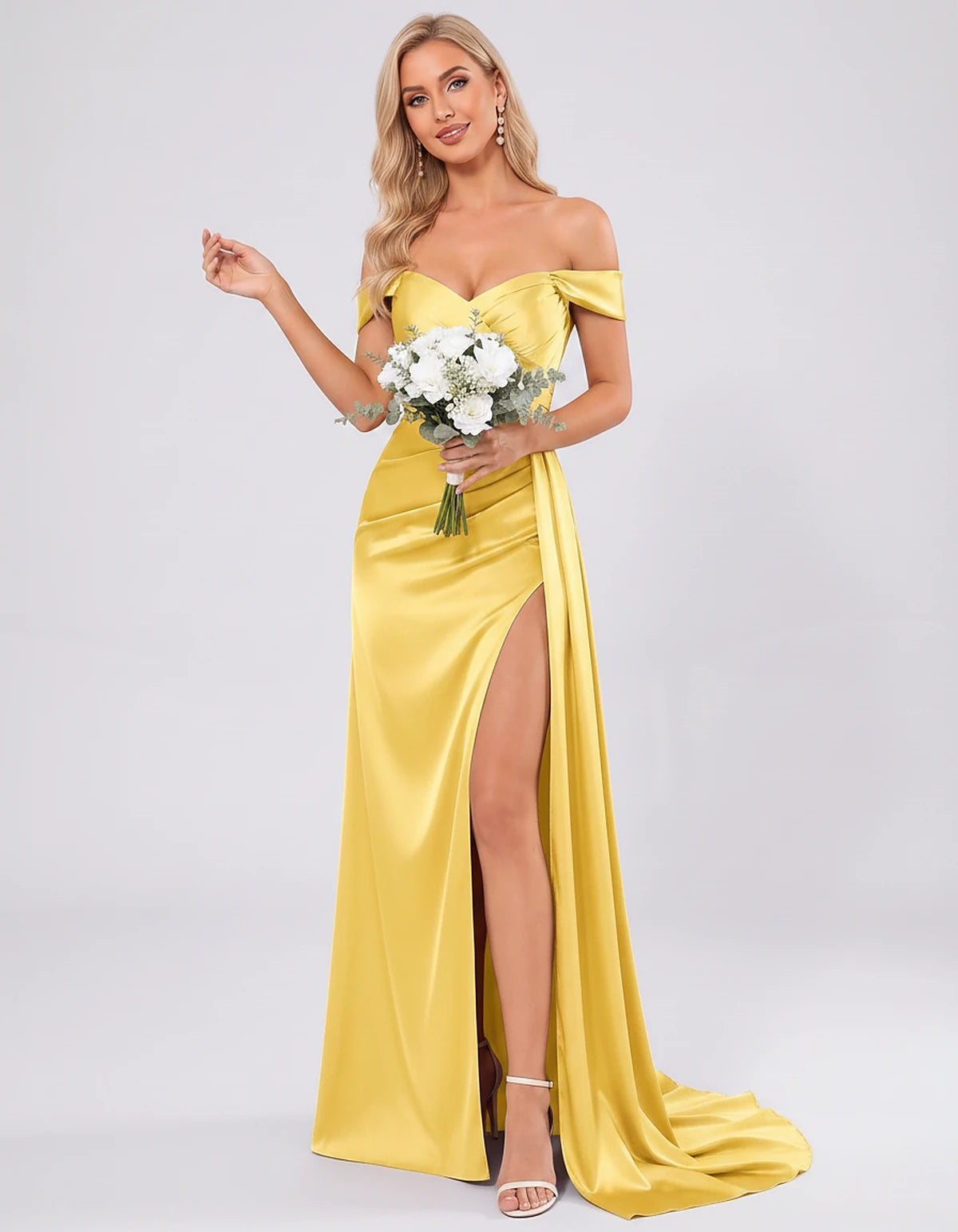 Polyester Satin Off-the-Shoulder Sweetheart A-Line Maxi Evening Dress for Party, Cocktail, Wedding Guest, Formal Events & Sum