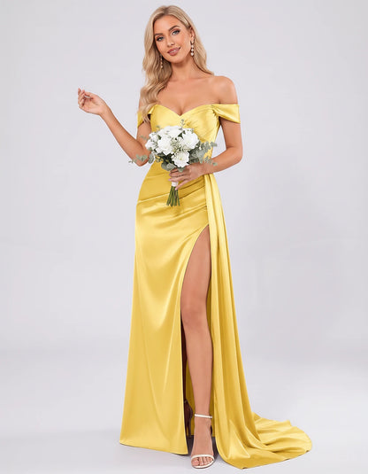 Polyester Satin Off-the-Shoulder Sweetheart A-Line Maxi Evening Dress for Party, Cocktail, Wedding Guest, Formal Events & Sum