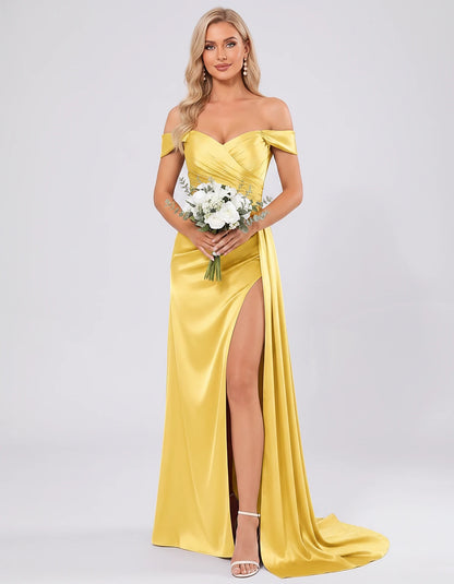 Polyester Satin Off-the-Shoulder Sweetheart A-Line Maxi Evening Dress for Party, Cocktail, Wedding Guest, Formal Events & Sum
