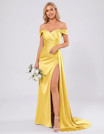 Polyester Satin Off-the-Shoulder Sweetheart A-Line Maxi Evening Dress for Party, Cocktail, Wedding Guest, Formal Events & Sum