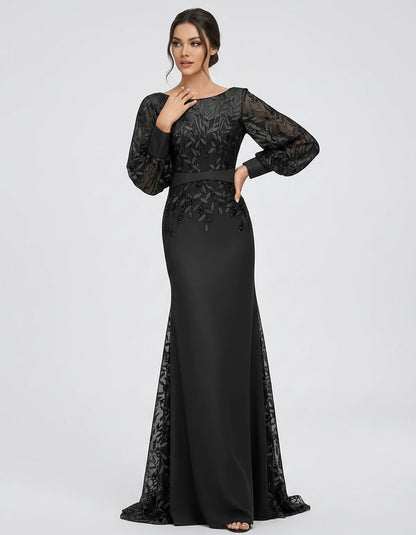 Sequin Chiffon Long Sleeve Crew Neck Mermaid Maxi Dress for Party, Cocktail, Evening, Wedding Guest, Summer Events, front vie