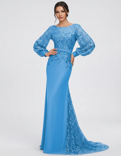 Sequin Chiffon Long Sleeve Crew Neck Mermaid Maxi Dress for Party, Cocktail, Evening, Wedding Guest, Summer Events, front vie