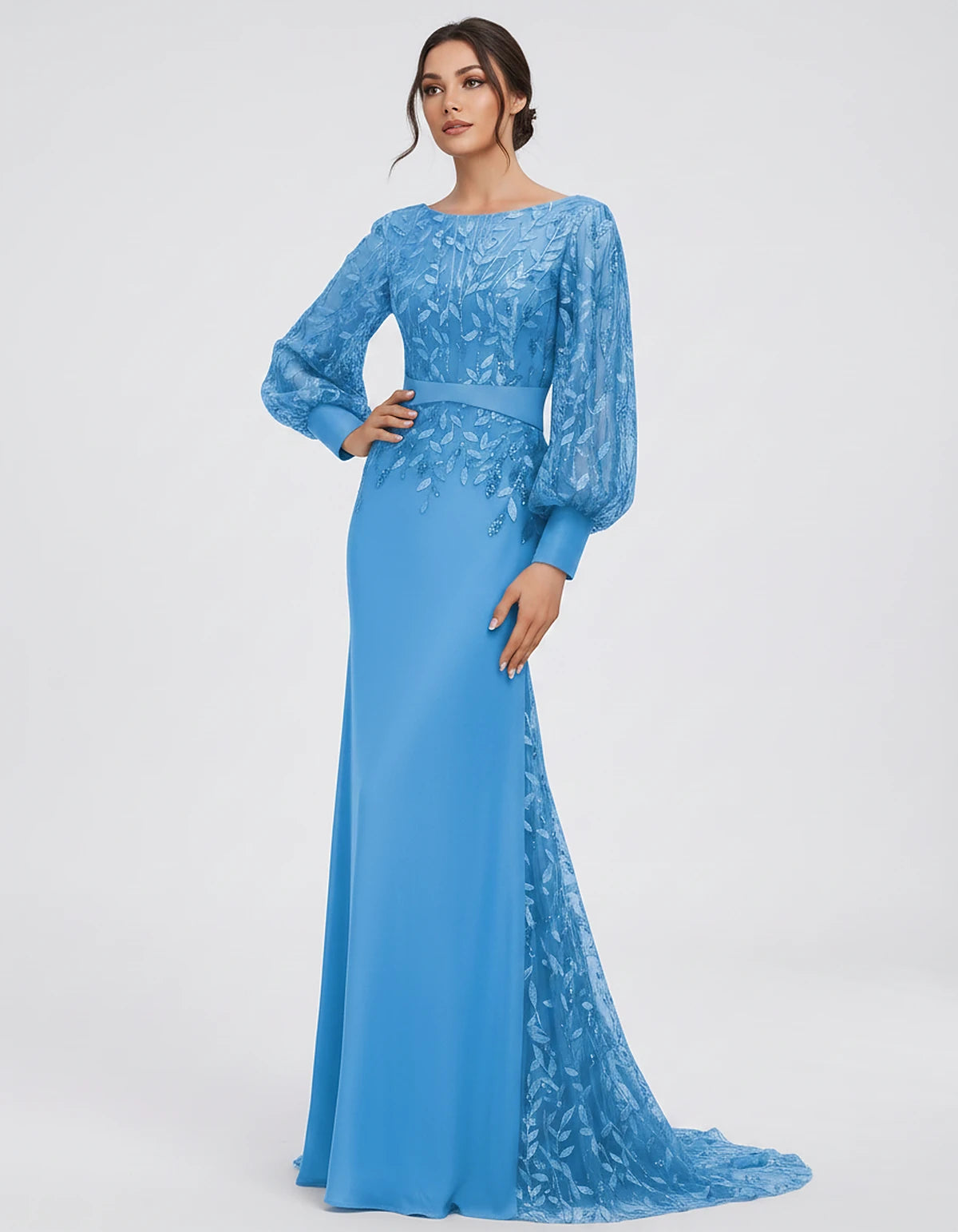 Sequin Chiffon Long Sleeve Crew Neck Mermaid Maxi Dress for Party, Cocktail, Evening, Wedding Guest, Summer Events, front vie