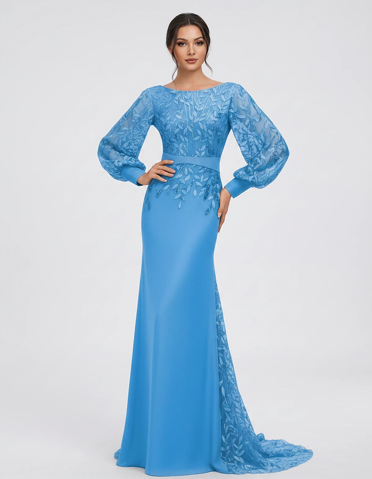 Sequin Chiffon Long Sleeve Crew Neck Mermaid Maxi Dress for Party, Cocktail, Evening, Wedding Guest, Summer Events, front vie