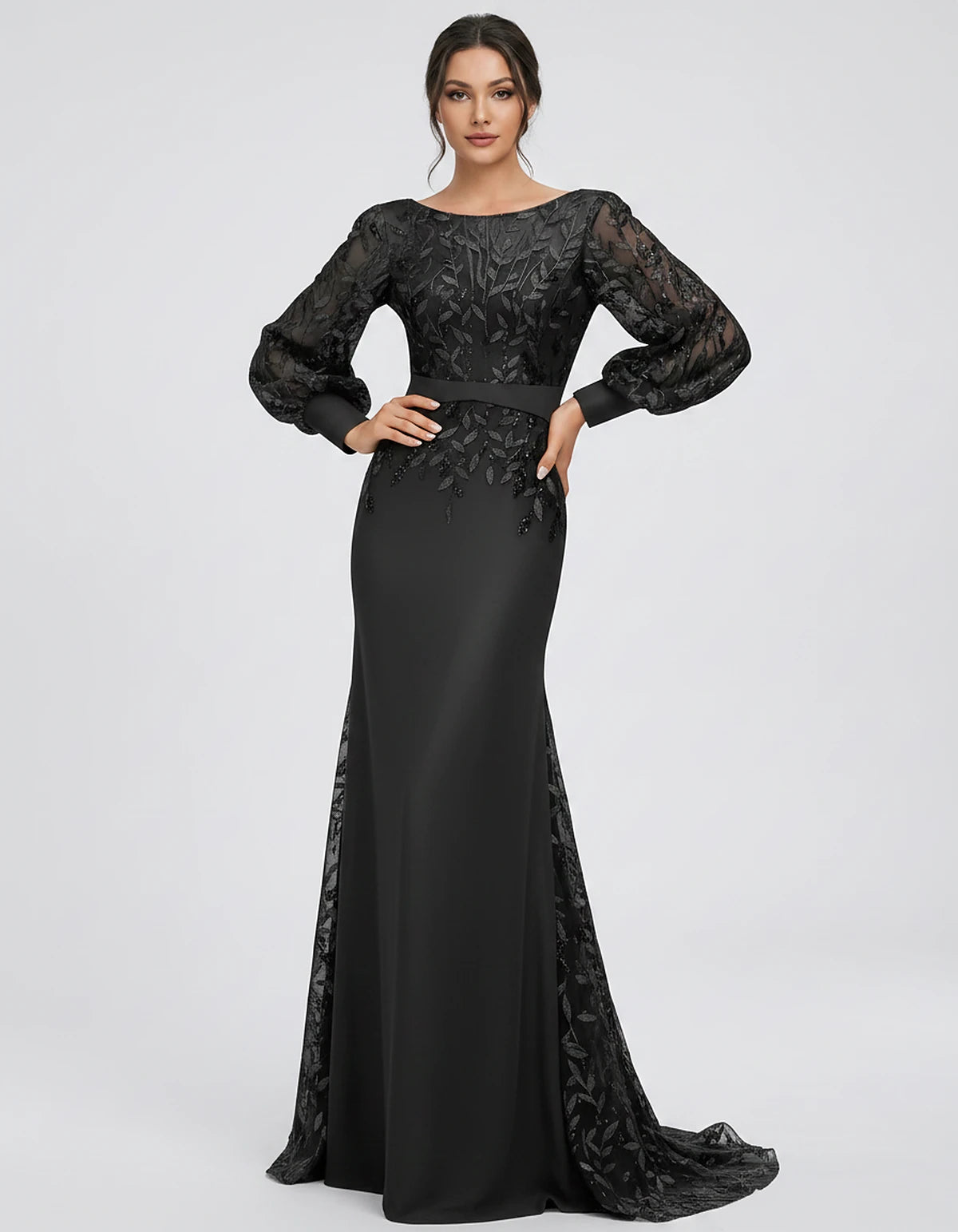 Sequin Chiffon Long Sleeve Crew Neck Mermaid Maxi Dress for Party, Cocktail, Evening, Wedding Guest, Summer Events, front vie