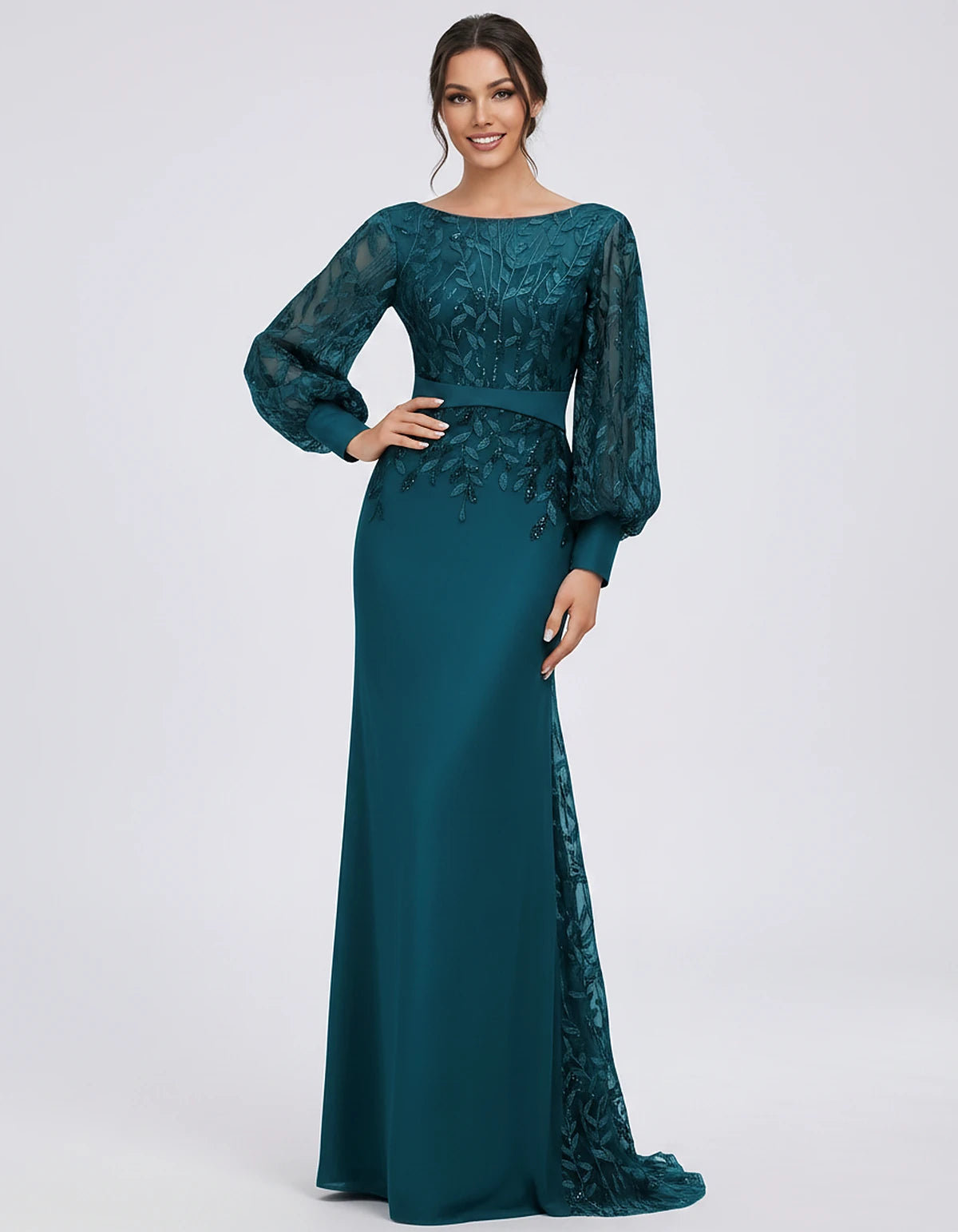 Sequin Chiffon Long Sleeve Crew Neck Mermaid Maxi Dress for Party, Cocktail, Evening, Wedding Guest, Summer Events, front vie