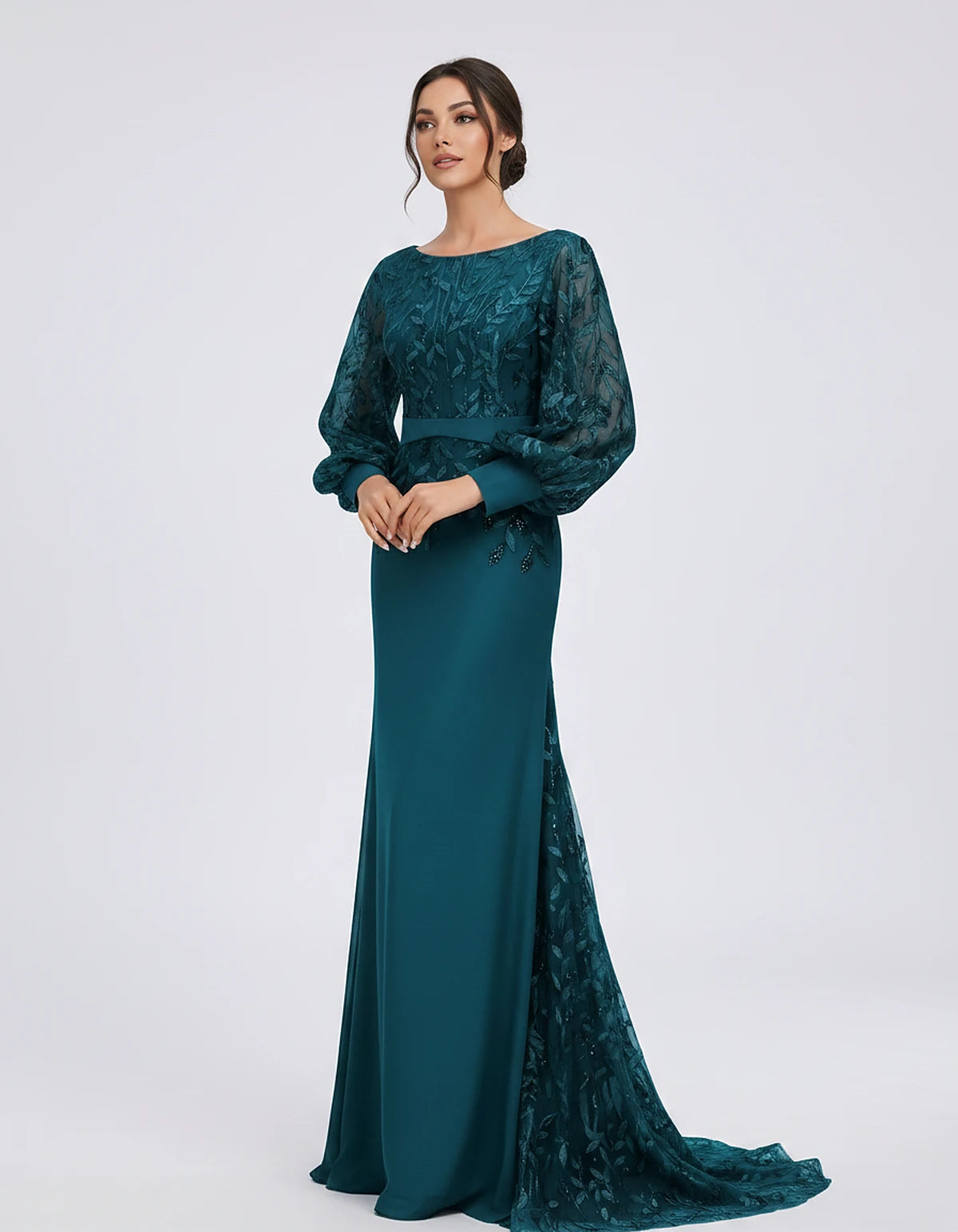 Sequin Chiffon Long Sleeve Crew Neck Mermaid Maxi Dress for Party, Cocktail, Evening, Wedding Guest, Summer Events, side view