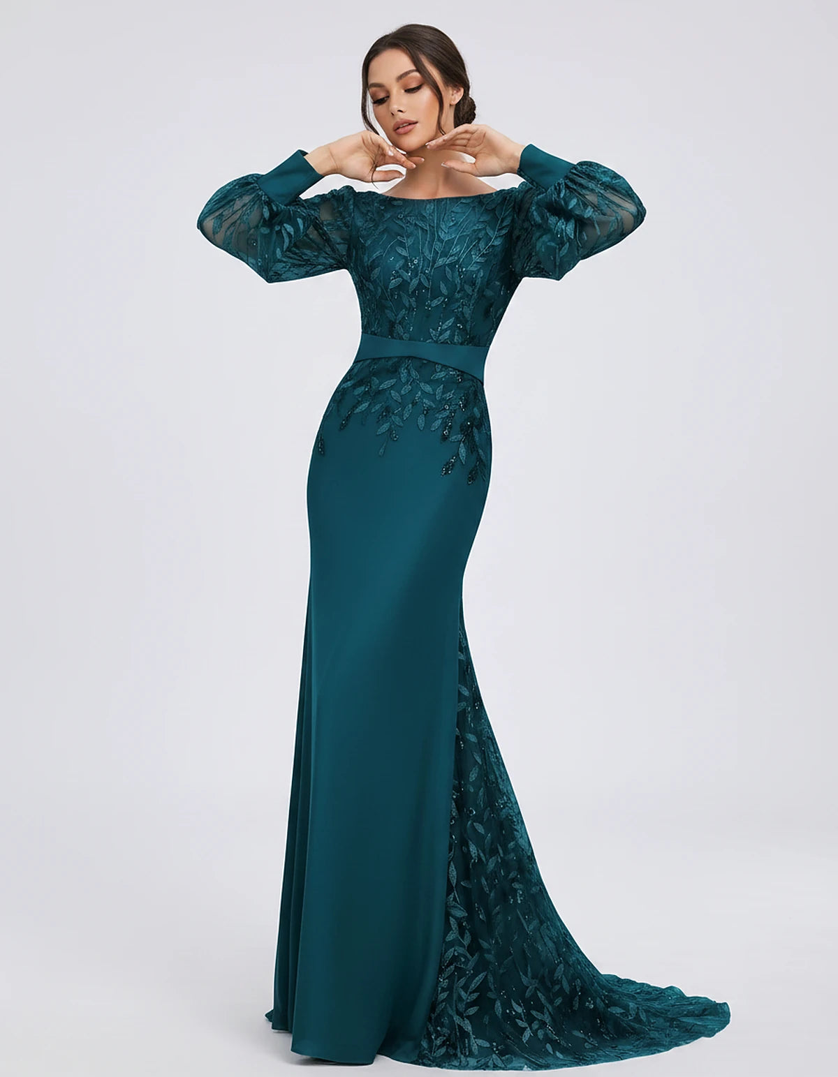 Sequin Chiffon Long Sleeve Crew Neck Mermaid Maxi Dress for Party, Cocktail, Evening, Wedding Guest, Summer Events, front vie