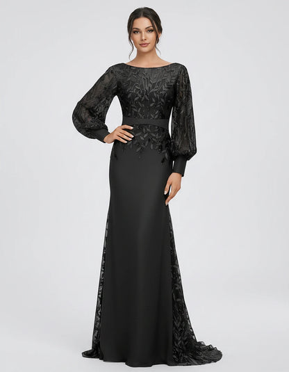Sequin Chiffon Long Sleeve Crew Neck Mermaid Maxi Dress for Party, Cocktail, Evening, Wedding Guest, Summer Events, front vie