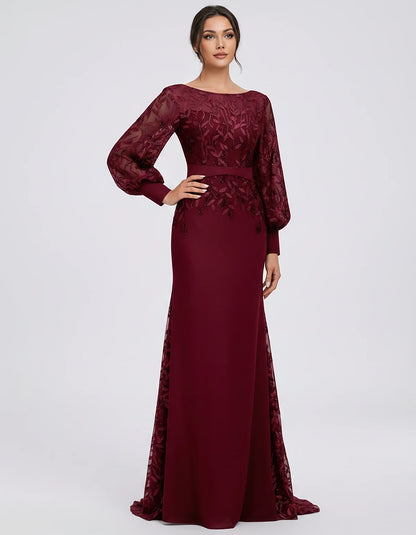 Sequin Chiffon Long Sleeve Crew Neck Mermaid Maxi Dress for Party, Cocktail, Evening, Wedding Guest, Summer Events, front vie