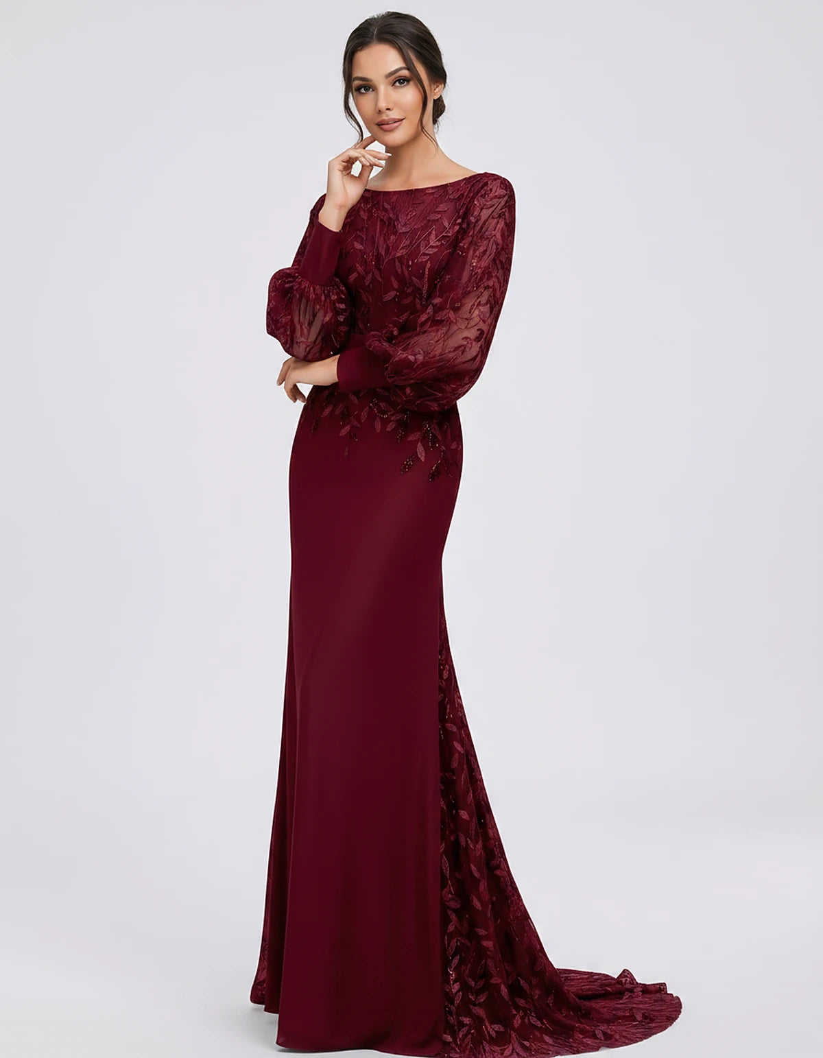 Sequin Chiffon Long Sleeve Crew Neck Mermaid Maxi Dress for Party, Cocktail, Evening, Wedding Guest, Summer Events, side view