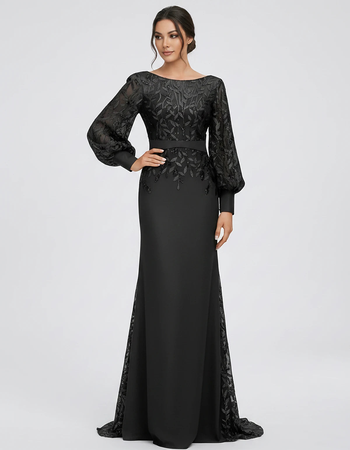 Sequin Chiffon Long Sleeve Crew Neck Mermaid Maxi Dress for Party, Cocktail, Evening, Wedding Guest, Summer Events, front vie