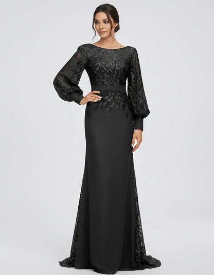 Sequin Chiffon Long Sleeve Crew Neck Mermaid Maxi Dress for Party, Cocktail, Evening, Wedding Guest, Summer Events, front vie
