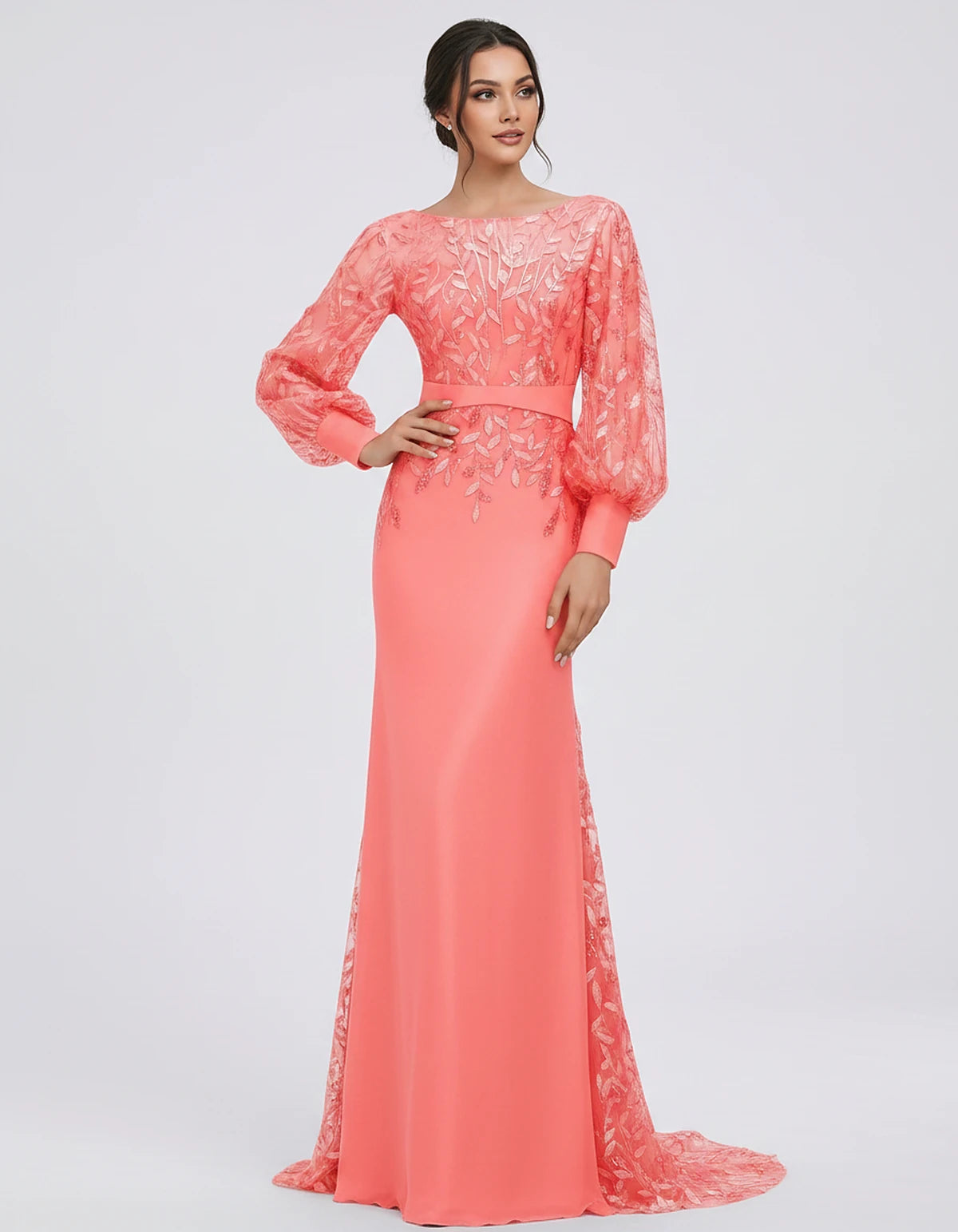Sequin Chiffon Long Sleeve Crew Neck Mermaid Maxi Dress for Party, Cocktail, Evening, Wedding Guest, Summer Events, front vie