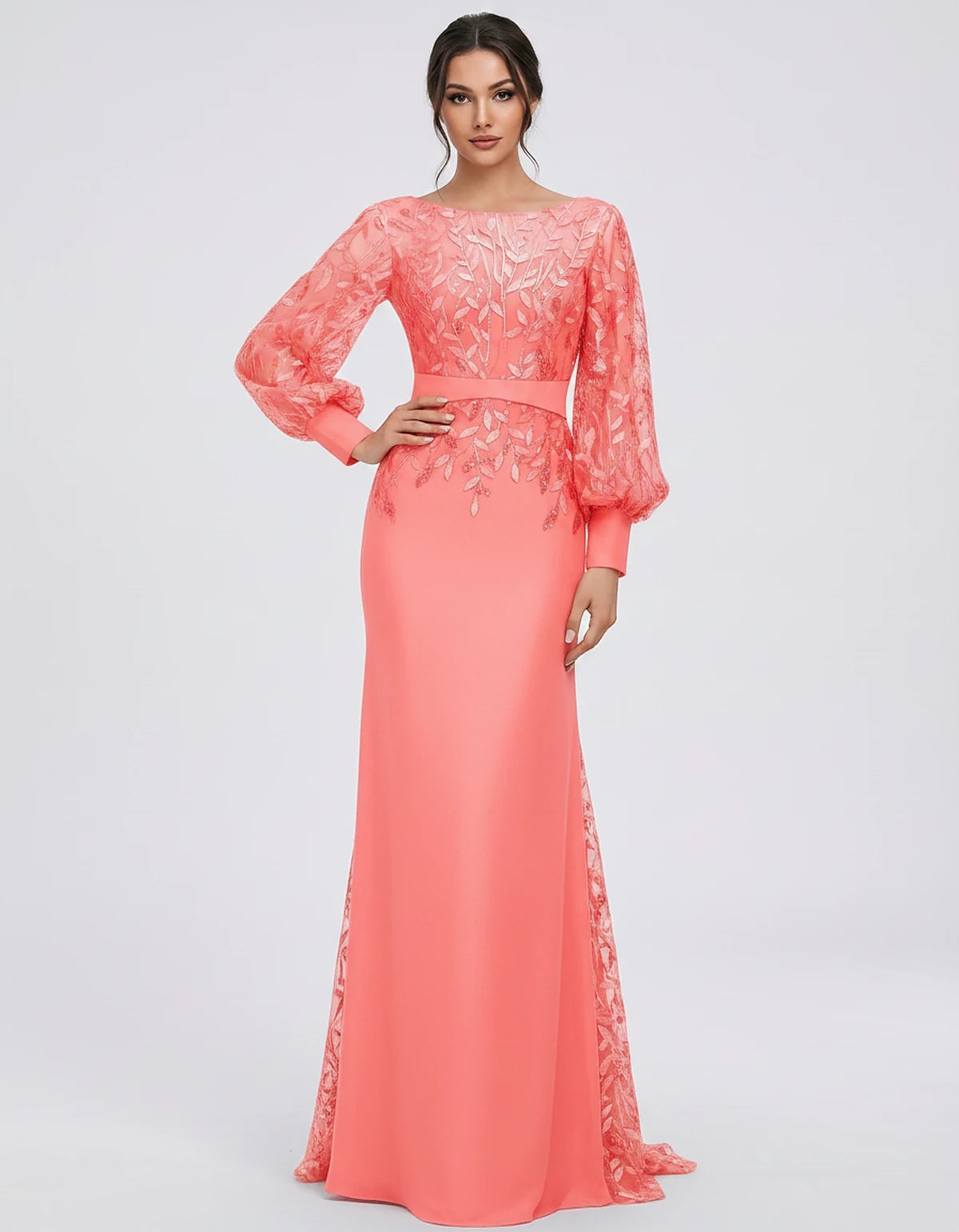 Sequin Chiffon Long Sleeve Crew Neck Mermaid Maxi Dress for Party, Cocktail, Evening, Wedding Guest, Summer Events, front vie