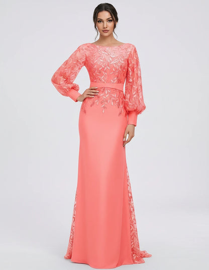 Sequin Chiffon Long Sleeve Crew Neck Mermaid Maxi Dress for Party, Cocktail, Evening, Wedding Guest, Summer Events, front vie