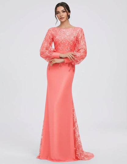 Sequin Chiffon Long Sleeve Crew Neck Mermaid Maxi Dress for Party, Cocktail, Evening, Wedding Guest, Summer Events, front vie