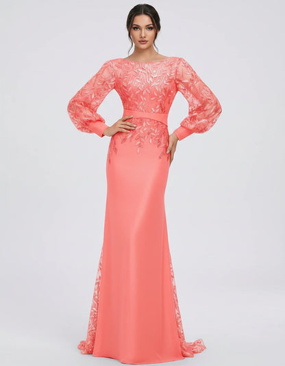 Sequin Chiffon Long Sleeve Crew Neck Mermaid Maxi Dress for Party, Cocktail, Evening, Wedding Guest, Summer Events, front vie