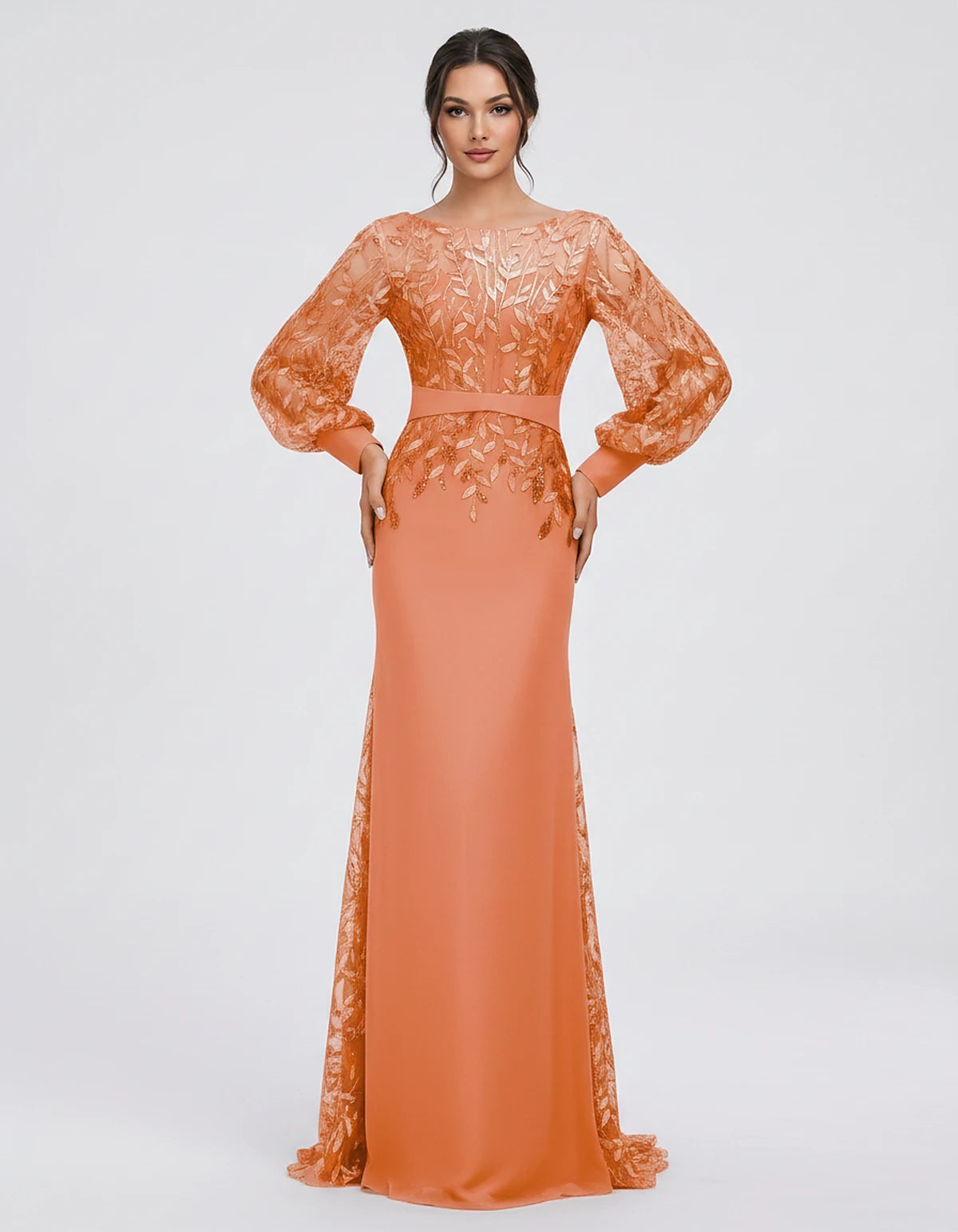 Sequin Chiffon Long Sleeve Crew Neck Mermaid Maxi Dress for Party, Cocktail, Evening, Wedding Guest, Summer Events, front vie