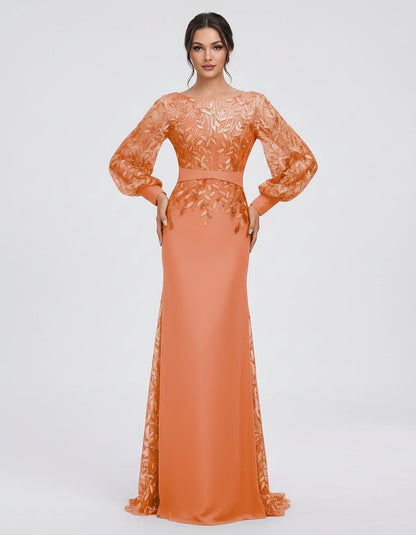 Sequin Chiffon Long Sleeve Crew Neck Mermaid Maxi Dress for Party, Cocktail, Evening, Wedding Guest, Summer Events, front vie