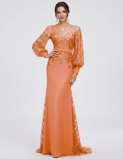 Sequin Chiffon Long Sleeve Crew Neck Mermaid Maxi Dress for Party, Cocktail, Evening, Wedding Guest, Summer Events, front vie