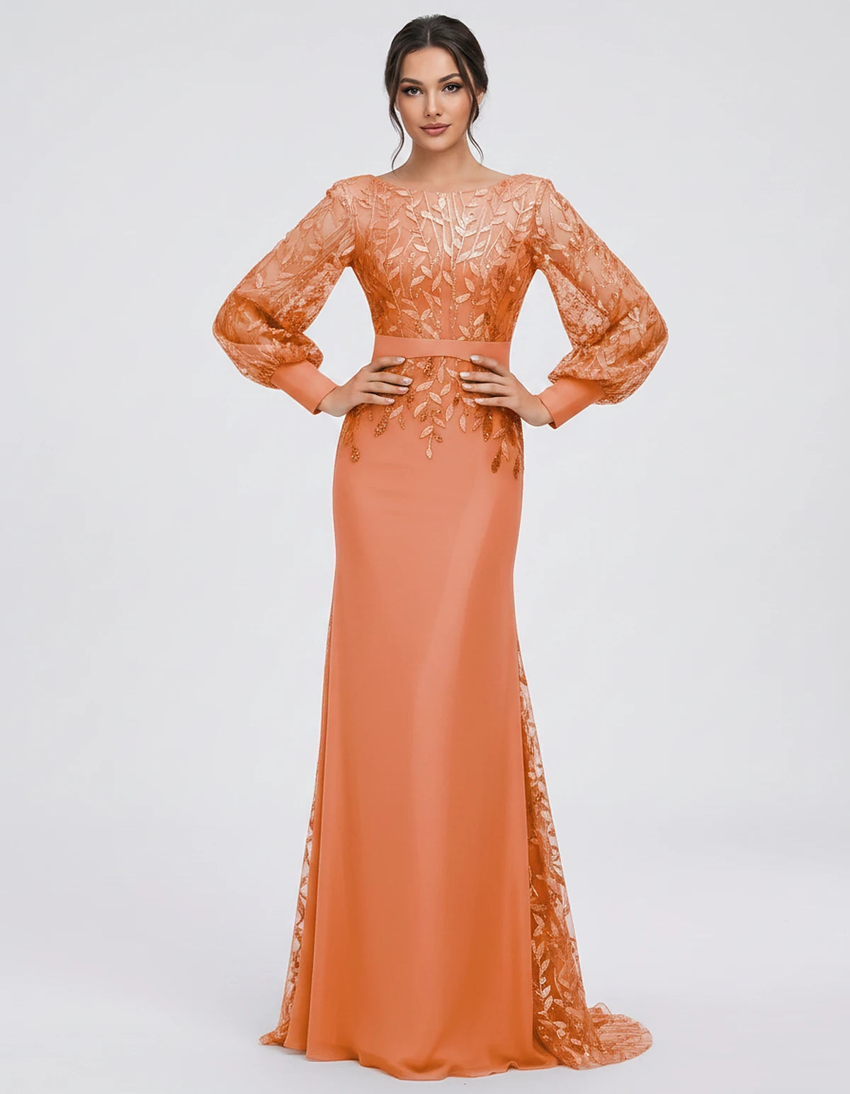 Sequin Chiffon Long Sleeve Crew Neck Mermaid Maxi Dress for Party, Cocktail, Evening, Wedding Guest, Summer Events, front vie