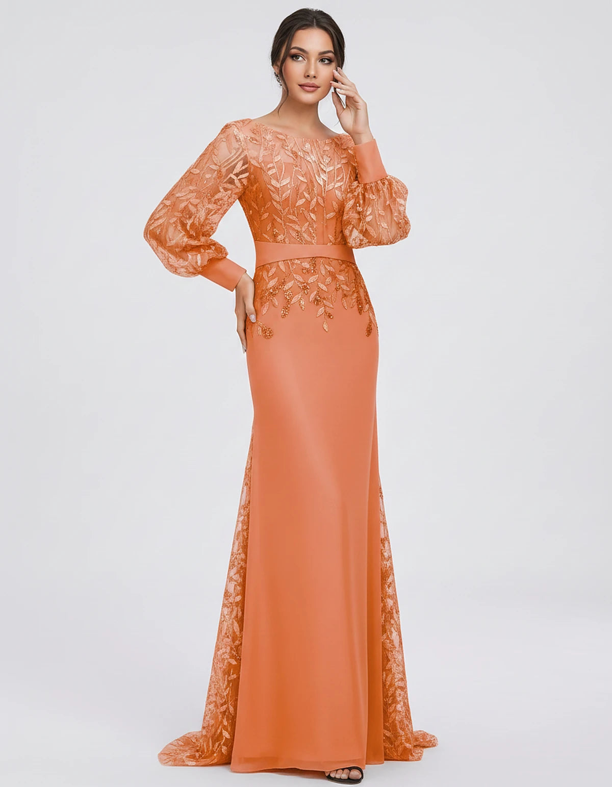 Sequin Chiffon Long Sleeve Crew Neck Mermaid Maxi Dress for Party, Cocktail, Evening, Wedding Guest, Summer Events, front vie