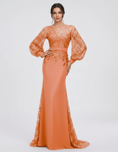 Sequin Chiffon Long Sleeve Crew Neck Mermaid Maxi Dress for Party, Cocktail, Evening, Wedding Guest, Summer Events, front vie