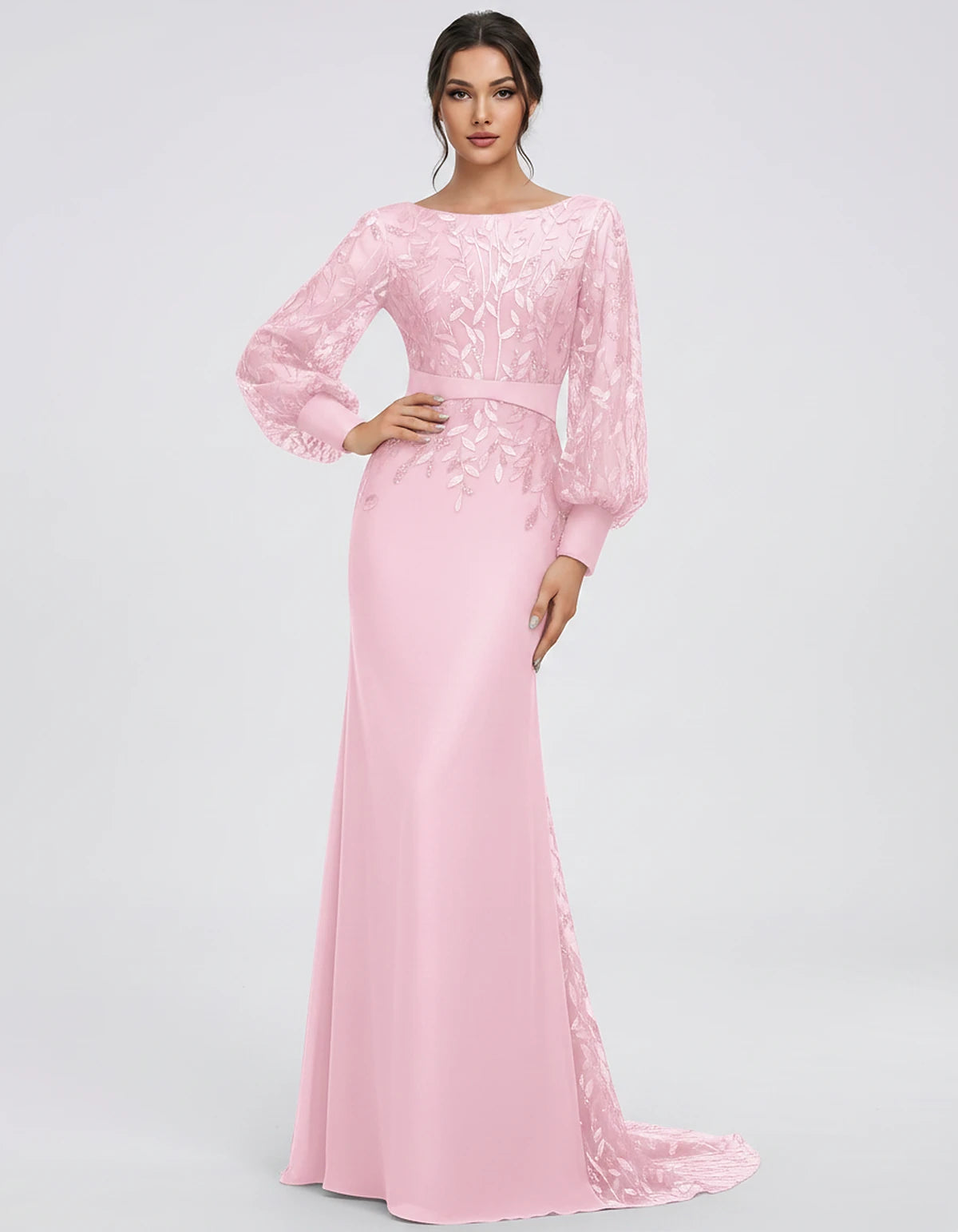 Sequin Chiffon Long Sleeve Crew Neck Mermaid Maxi Dress for Party, Cocktail, Evening, Wedding Guest, Summer Events, front vie